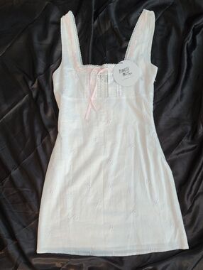 Princess Polly White Cotton Dress with Pink Ribbon Trim